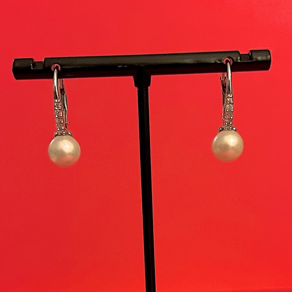 Sterling Silver Cubic Zirconia White Pearl Drop Earrings - Picture 1 of 7